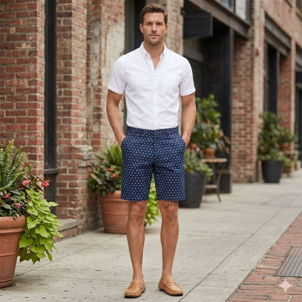 JF J.Ferrar Mens Dress Shorts Size 36 Blue Patterned Modern Fit Flat Front